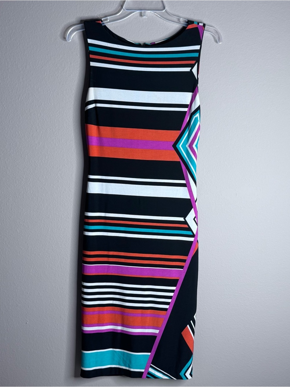 Caché Sleeveless Midi Sheath Geometric Asymmetrical Striped Pattern Dress Sz 4 - Picture 2 of 9